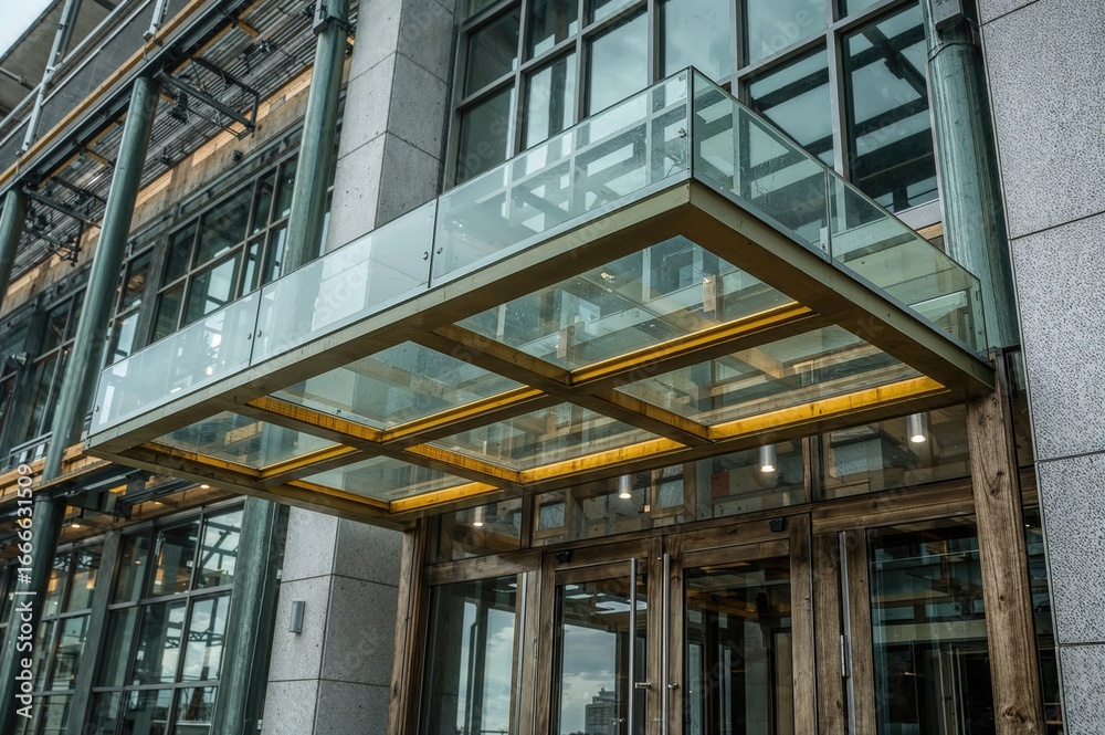 Obraz premium Modern metal front entrance with green and yellow canopy design