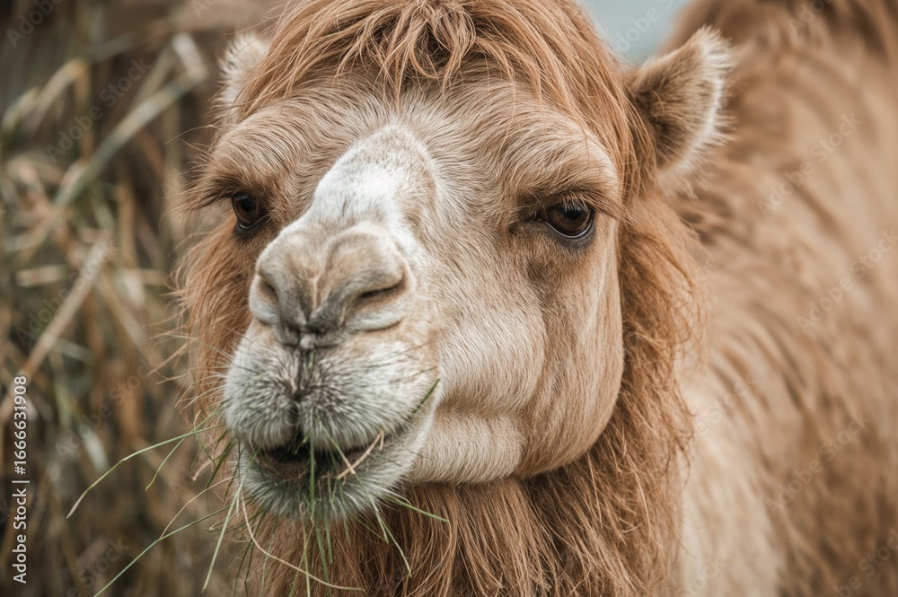 Fototapeta premium Camel chewing on hay with its lip curled down, created with AI generative software