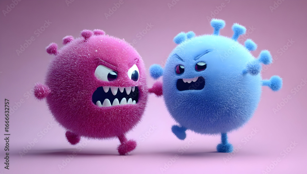 Fototapeta premium Two cartoon-like virus characters, one pink and one blue, displaying playful aggression towards each other. A whimsical representation of competition.