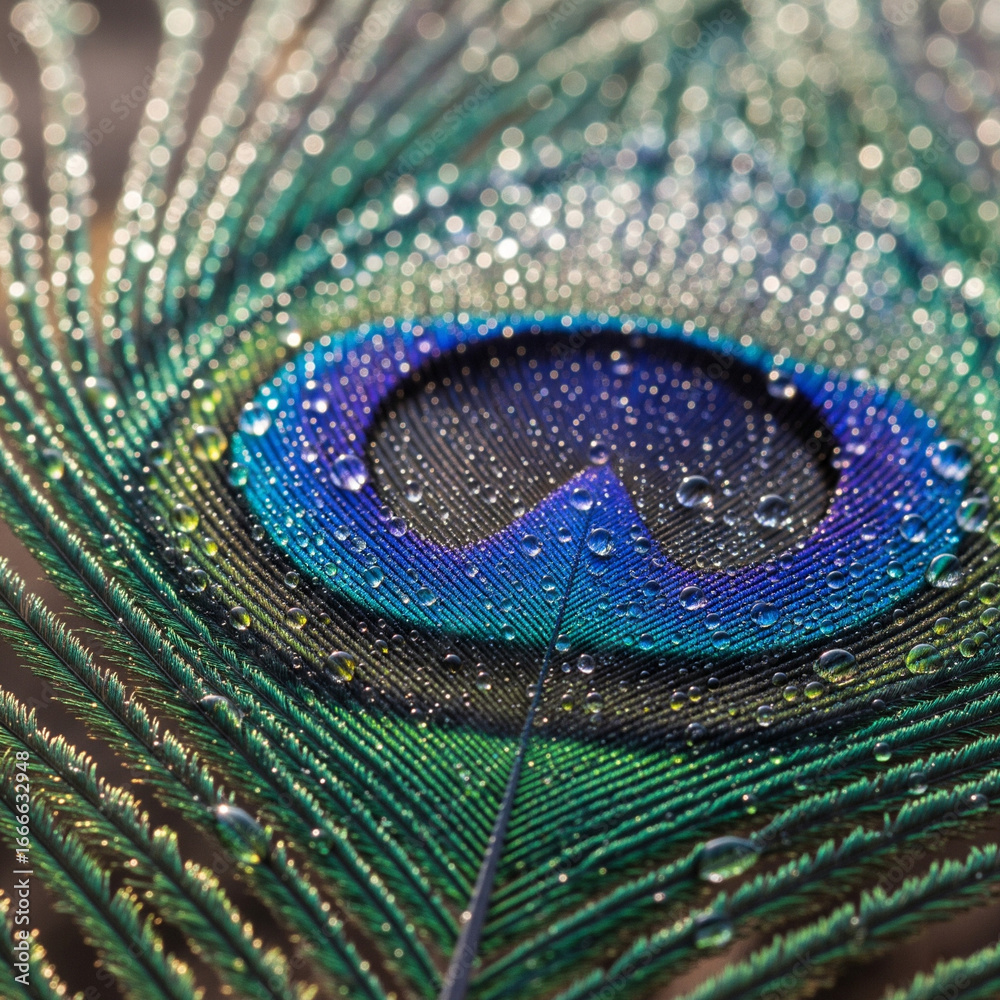 Naklejka premium Macro Shot of a Peacock Feather with Colorful Dew Drops