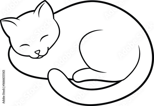 Vector art of cute sleeping kitten, a simple line drawing of a contented feline curled up peacefully
