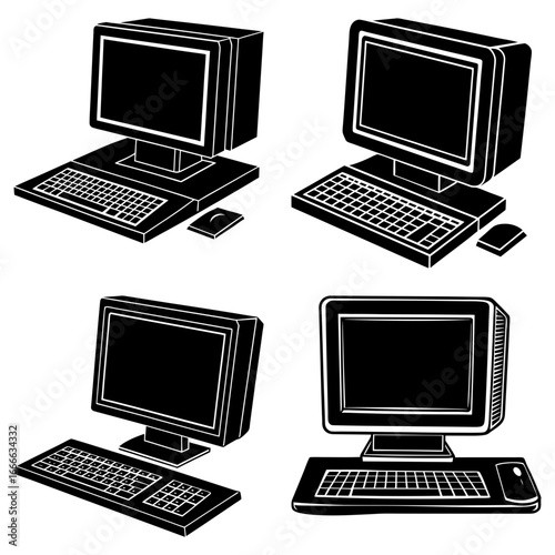 Four black and white computer setups with monitors keyboards and mice in a vector illustration