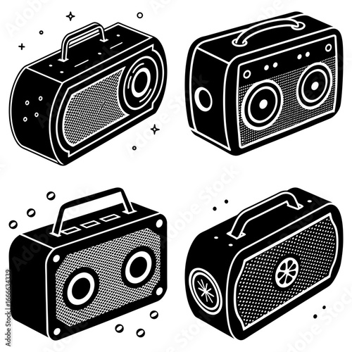 Illustration showing four different portable speakers with handles in a black and white isometric view