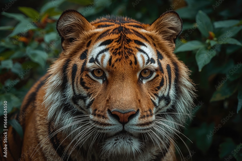Naklejka premium Detailed View of a Fierce Tiger's Piercing Eyes and Striking Orange-Black Fur Amid Dense Greenery, Capturing the Wild's Raw Elegance