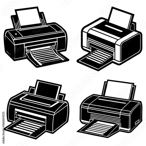 Four black and white printer illustrations with paper outputs in a vector graphic arrangement