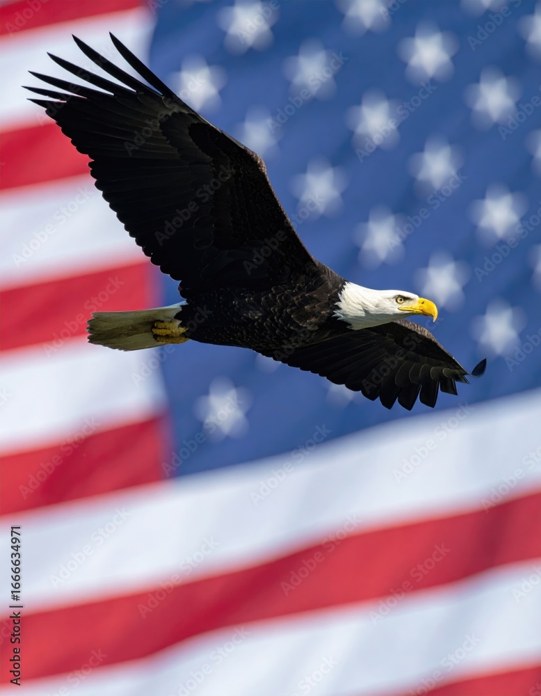 Naklejka premium Bald Eagle in Flight with a Soft American Flag in Background, Depicting Power, Freedom, and the Sacred Spirit of National Independence
