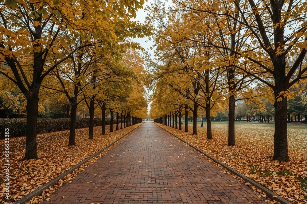 Naklejka premium Winding pathway lined with yellow-leaved trees during autumn in a park