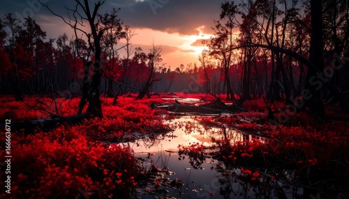 Dramatic Red Sunset Over a Swampy Forest.