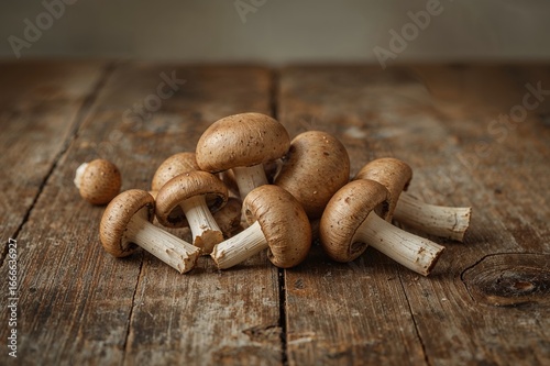 Fresh Champignon Mushrooms Arranged on Rustic Wooden Surface