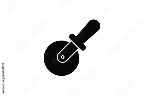 A black and white icon of a pizza cutter on a circular surface silhouette