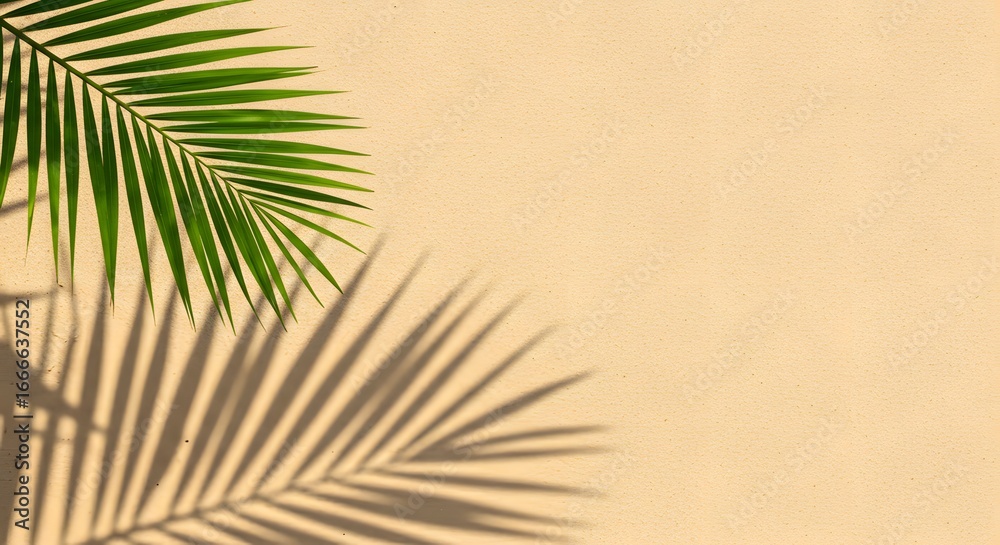 Fototapeta premium A single palm leaf in the top left casts a shadow on a peachcolored wall