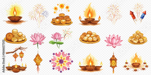 A collection of watercolor illustrations featuring traditional Diwali festival elements like diya lamps, sweets, fireworks, lanterns, and lotus flowers.