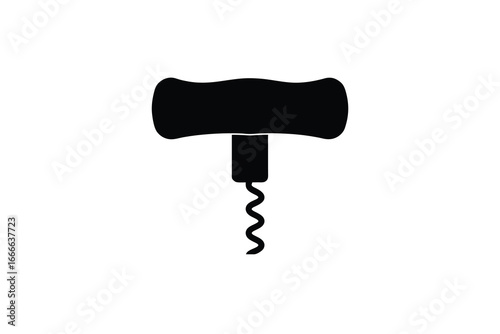 A black silhouette of a wine bottle corkscrew on a white background