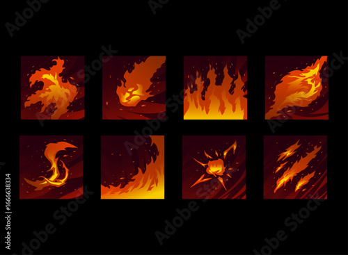set of fantasy game ui skill spell fire flame button with fire ball, blast, explosion, slash, burn