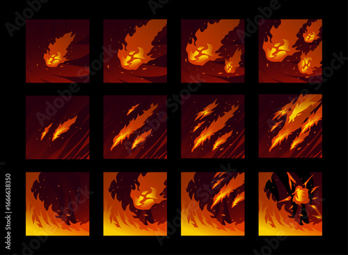set of fantasy fire flame game skill set of fire ball meteor, fire thrust strike and explosion with tier rank