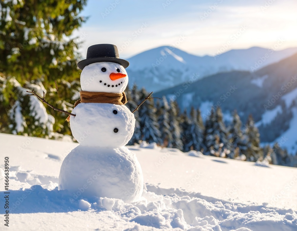 Obraz premium Snowy Snowman in Mountain Winter Landscape.