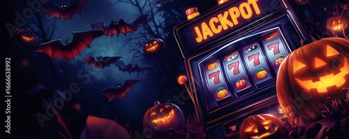 Halloween-themed slot machine displaying a jackpot with carved pumpkins and bats flying in a spooky forest