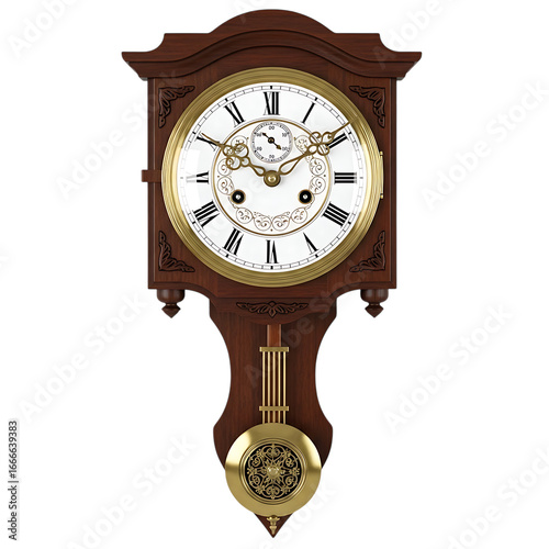 An ornate wooden wall clock with a pendulum and a detailed brass face featuring roman numerals, isolated on a transparent background