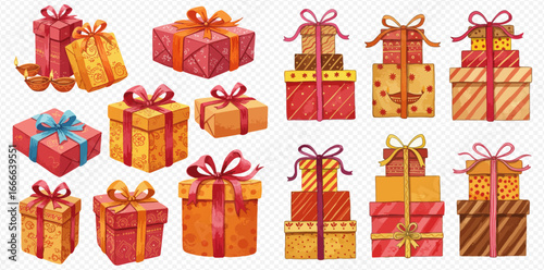 A vibrant watercolor collection of beautifully wrapped gift boxes, stacked presents with bows, and festive diyas.