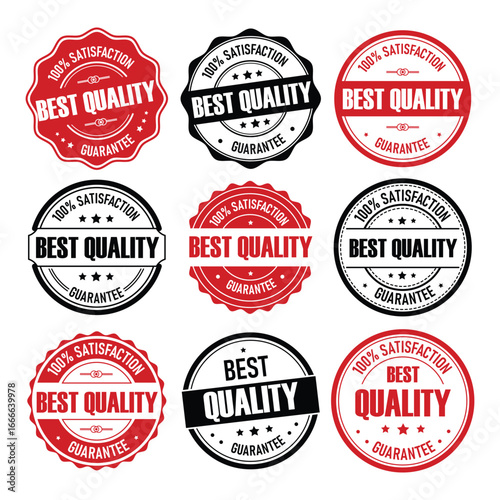 Nine quality assurance badges display the text Best Quality along with a satisfaction guarantee. The designs range in colors, showcasing professionalism for brands.