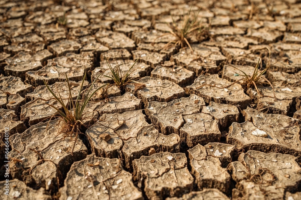 Fototapeta premium Agricultural challenges caused by dry, cracked soil and intense heat
