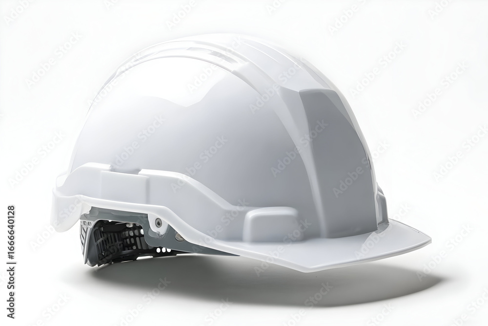 Fototapeta premium A white hard hat is shown on a clean background, symbolizing safety and protection in construction and industrial environments.