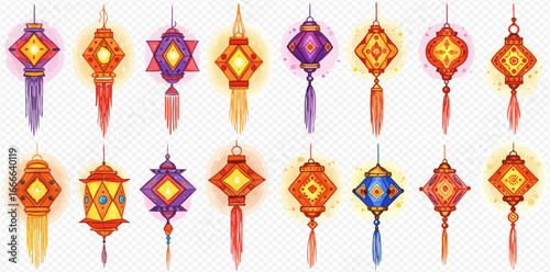 A vibrant collection of sixteen ornate, glowing Asian festival lanterns with intricate patterns and tassels.