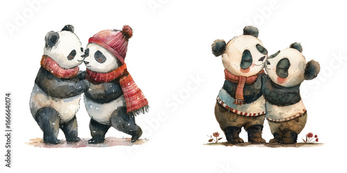 romantic couple panda watercolor vector illustration