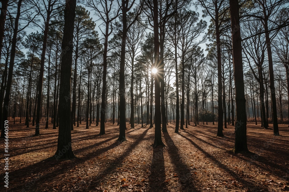 Obraz premium A tranquil woodland view during late fall with towering trees stretching their shadows across the earth, bathed in gentle sunlight streaming through the limbs, evoking a serene mood.