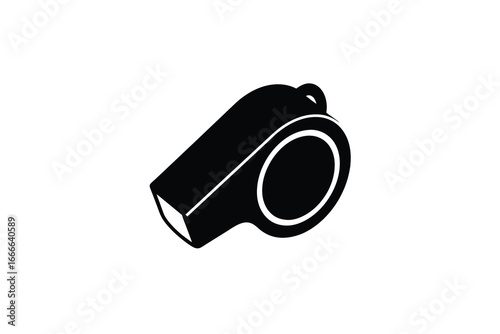 A black and white illustration of a single referee whistle on a plain background silhouette