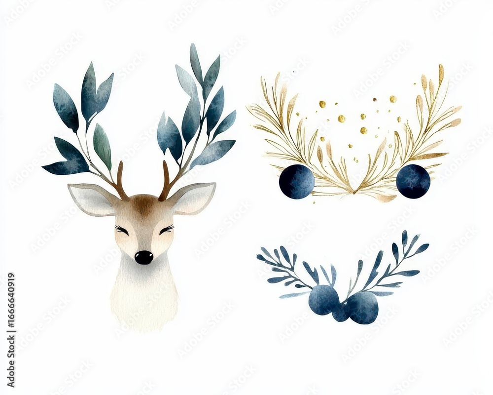 Naklejka premium Watercolor closeup portrait of cute deer. Isolated on white background. Hand drawn christmas illustration. Greeting card animal winter design decoration. Festive woodland creature painting