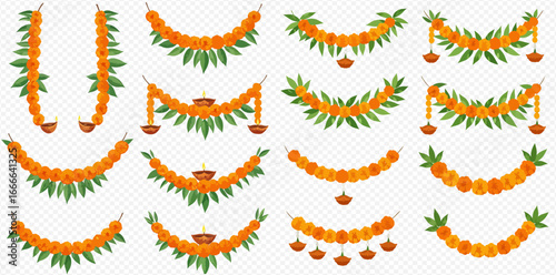 A collection of decorative Indian festival garlands made of orange marigolds, green mango leaves, and hanging diyas.