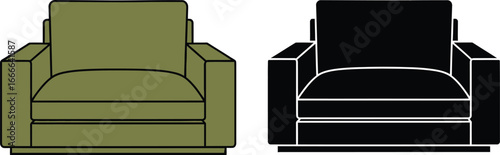 Find modern olive green armchair vector illustration and silhouette