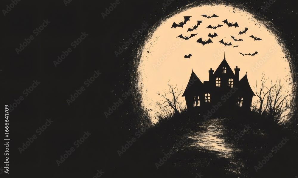 Obraz premium Spooky haunted house silhouette against a full moon with bats flying, creating a creepy halloween atmosphere