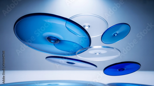 Abstract flowing glass discs in dynamic blue and clear hues create a modern, sophisticated visual.