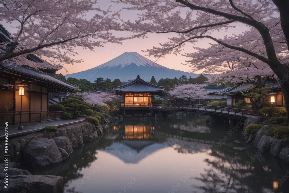 Fototapeta premium Friedliche japanische Landschaft mit Kirschblüten, traditionellem Haus und dem Berg Fuji im Hintergrund bei Sonnenuntergang
