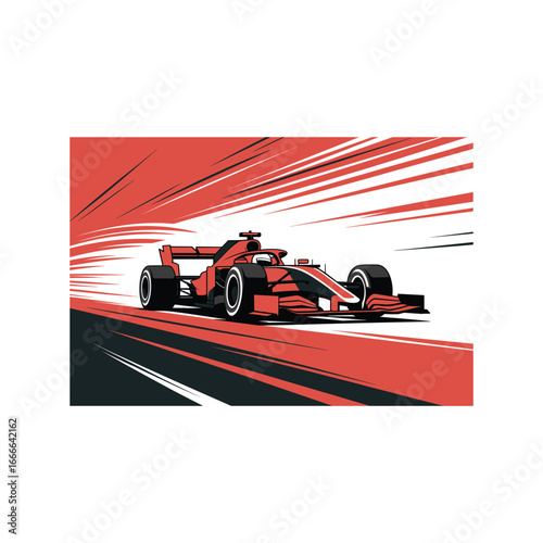 Dynamic red formula 1 race car speeding down track with motion blur effect