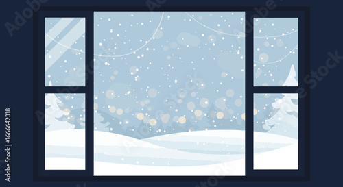 Wintery scene through a window snowy landscape snow falling trees in the distance