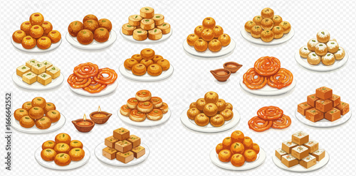A diverse collection of traditional Indian sweets, including ladoo, jalebi, and barfi, arranged on plates with festive diyas.
