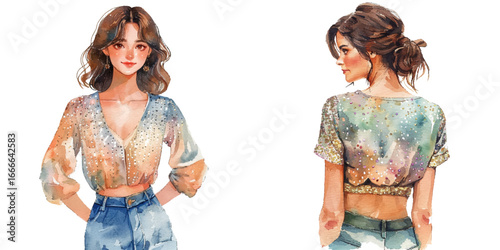 woman wearing sequined blouse watercolor vector illustration