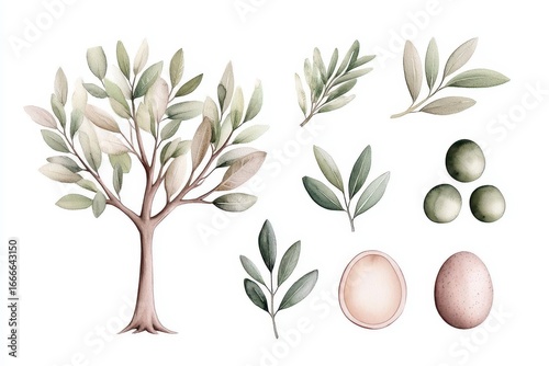 Watercolor Genealogical Family tree. Watercolor children s tree botanical season isolated illustration. olive oak and cypress. Green forest ecology branch and leaves. Heritage chart