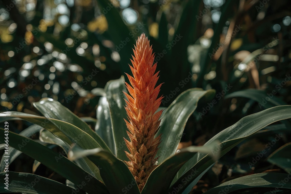 Obraz premium Garden scene featuring a bromeliad plant in natural surroundings