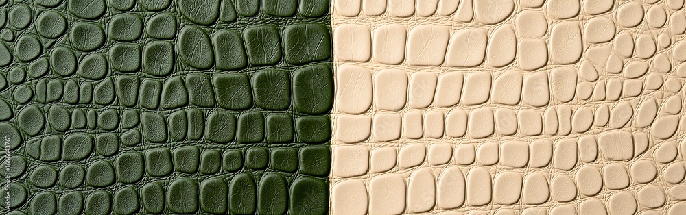 Fototapeta premium The image features two types of textured leather, one dark green and the other light beige, resembling crocodile skin.