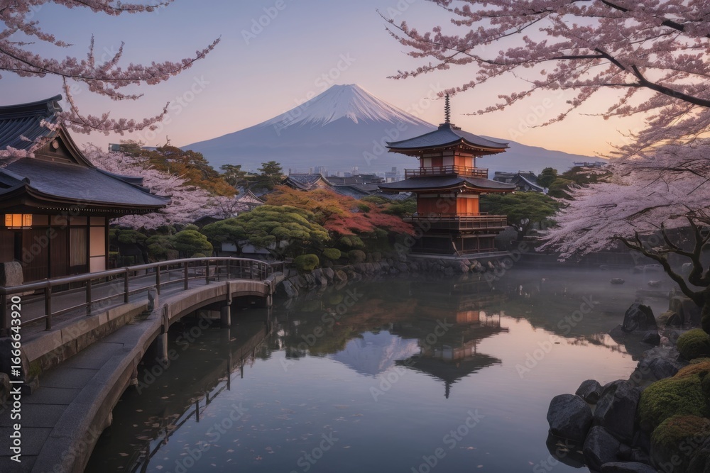 Fototapeta premium Friedliche japanische Landschaft mit Kirschblüten, traditionellem Haus und dem Berg Fuji im Hintergrund bei Sonnenuntergang