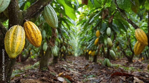 Lush rows of cocoa trees laden with ripening pods