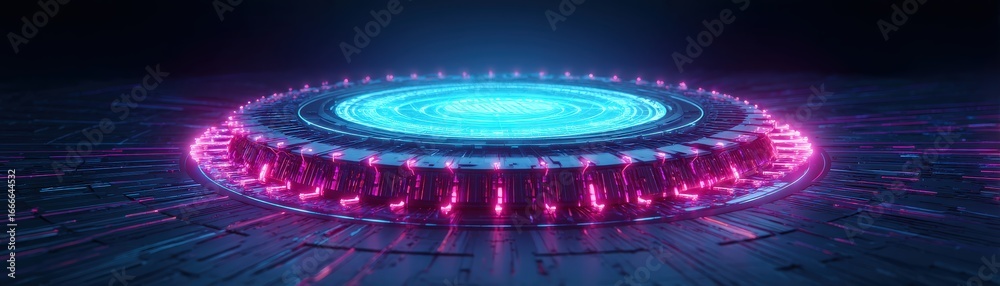Obraz premium A futuristic, glowing circular design with blue and pink light elements, set against a dark background, creating a sci-fi aesthetic.