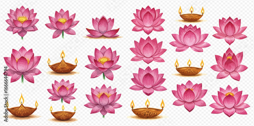 A collection of illustrated pink lotus flowers and traditional lit diya oil lamps on a transparent background.