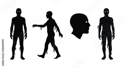 Creepy mummy silhouettes set showing full body front side profile head with glowing eyes for halloween horror concepts vector