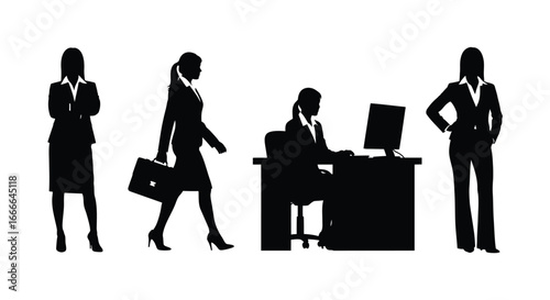 Businesswomen silhouettes showcasing professional activities and office work career progression vector