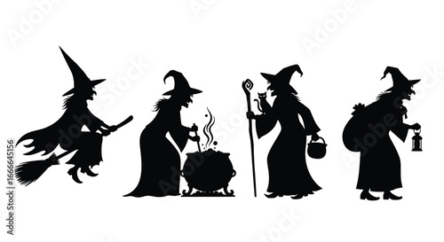 Silhouette witch figures flying brewing casting spells carrying bags and lanterns for halloween vector